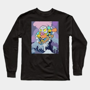 Cute slluks character fatty boy is skating on a big wave illustration Long Sleeve T-Shirt